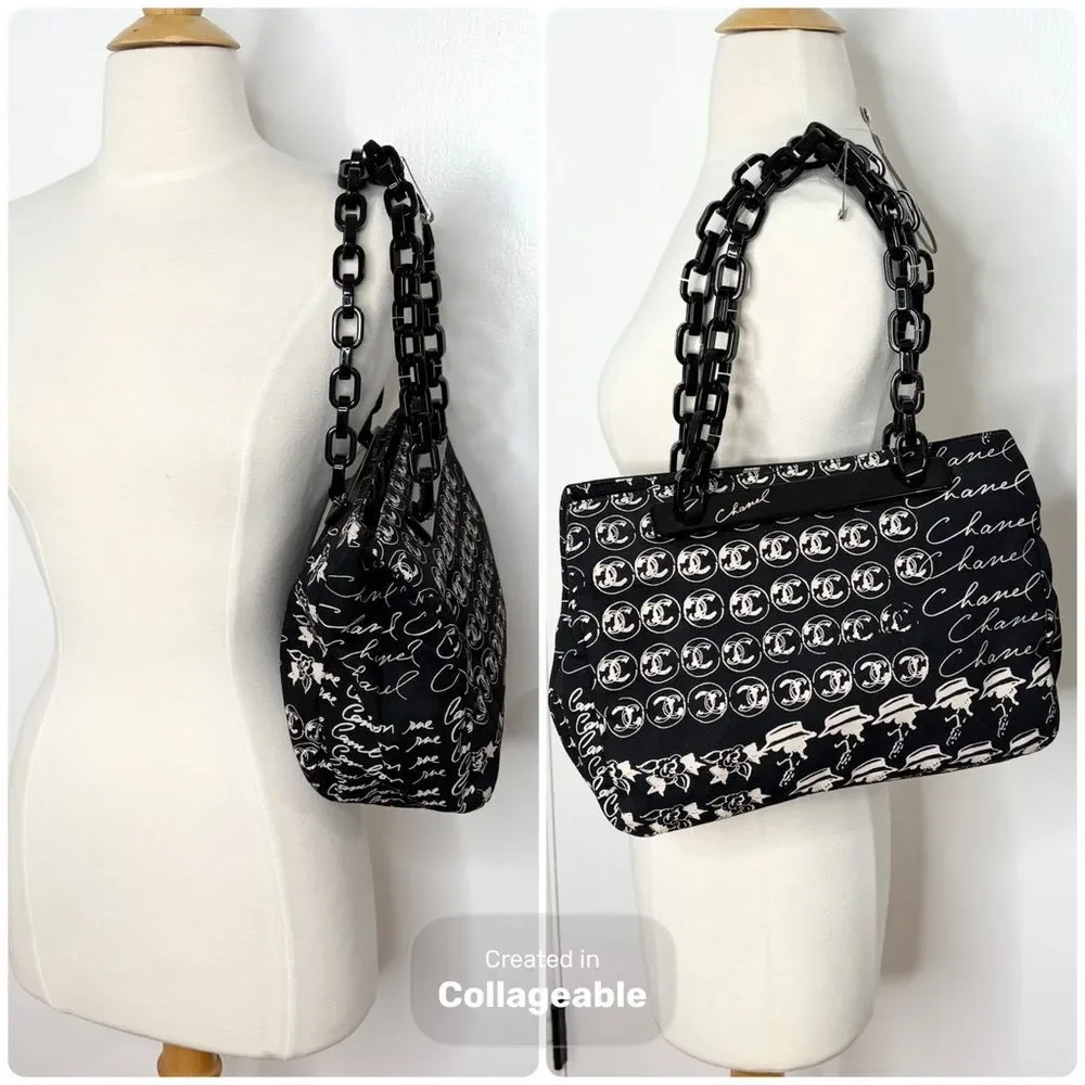 Y2K Vintage CHANEL Canvas Camellia Flower Tote Authentic Acrylic Chain Strap